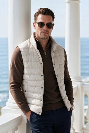 DeepSEA Erkek Slim Fit Su ve Rüzgar Geçirmez Krem Şişme Yelek – Dik Yaka Çıtçıtlı 2701708