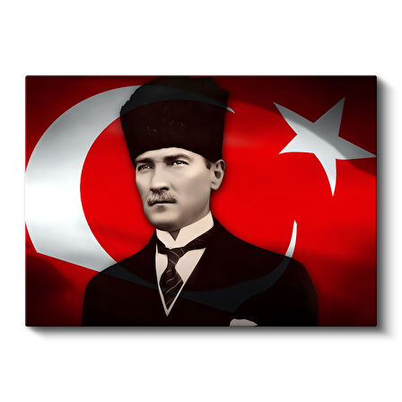 Türk Bayrağı Önünde Kalpaklı Atatürk Portre Kanvas Tablo