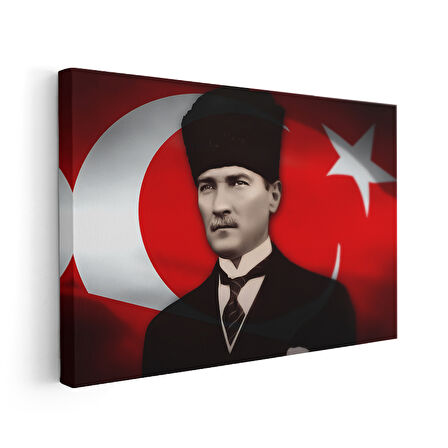 Türk Bayrağı Önünde Kalpaklı Atatürk Portre Kanvas Tablo