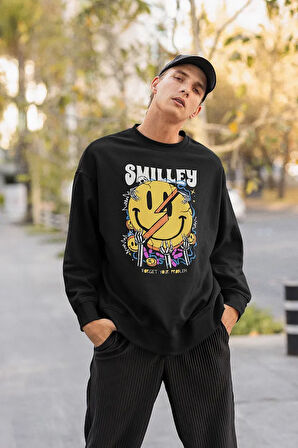 Smilley Forget Your Problem Baskılı Unisex Oversize Tasarım Sweatshirt