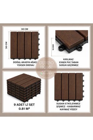 Quado Akasya Ahşap Yer Karosu 30x30x2,25 cm – 4 Dilimli Geçmeli Deck Karo | Balkon, Teras, Bahçe ve Duş