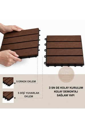 Quado Akasya Ahşap Yer Karosu 30x30x2,25 cm – 4 Dilimli Geçmeli Deck Karo | Balkon, Teras, Bahçe ve Duş