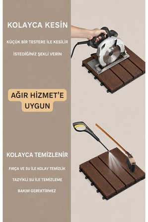 Quado Akasya Ahşap Yer Karosu 30x30x2,25 cm – 4 Dilimli Geçmeli Deck Karo | Balkon, Teras, Bahçe ve Duş