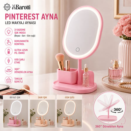 YUVARLAK- DÜZ KENAR 7 İNÇ LEDLİ - USB ŞARJLI MAKYAJ AYNASI 90°TAKILIKLI AYAKR.PLS 17.5CM (5332)