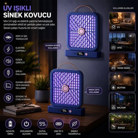 USB ŞARJLI - ELEKTRİK ÇARPMALI - DİJİTAL EKRAN ASMA APARAT - SESSİZ ÇALIŞMA UV IŞIKLI SİNEK KOVUCU H