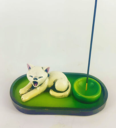 Uykucu Kedi Çubuk Tütsülük ve Tealight (Beyaz)