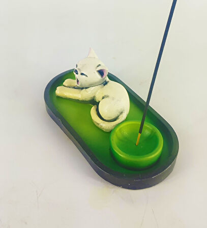 Uykucu Kedi Çubuk Tütsülük ve Tealight (Beyaz)