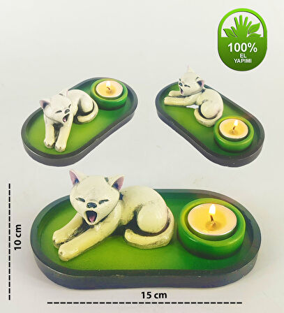 Uykucu Kedi Çubuk Tütsülük ve Tealight (Beyaz)