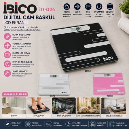 DİJİTAL - PİLLİ RENKLİ CAM BANYO BASKÜL TERAZİ TARTI LCD EKRAN 180KG/50GR 26X26CM İ11-024 (5332)