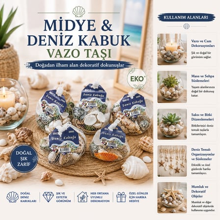 15 ADET FİLELİ RENKLİ MİX EKO MİDYE - DENİZ KABUK VAZO TAŞI (5332)