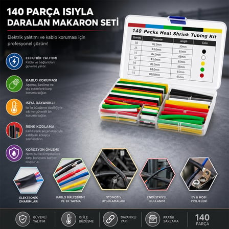 140PCS MAKARON KABLO TAMİR SETİ ISIYLA BÜZÜŞMELİ DARALAN HORTUM (5332)