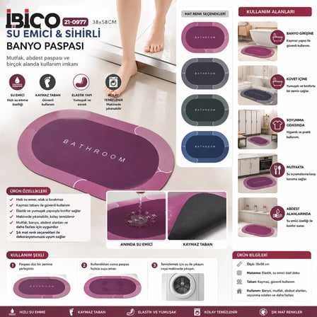 OVAL - MAT RENKLER   38X58CM   SU EMİCİ - SİHİRLİ  BANYO PASPASI  ELASTİK (5332)