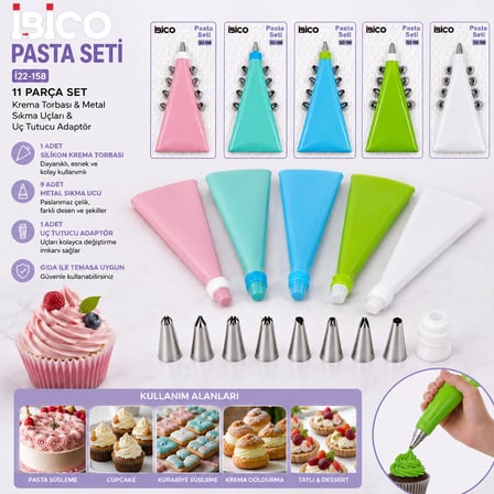 11PCS PASTA SETİ - RENKLİ   1-KREMA TORBASI - 9-METAL SIKMA UÇLARI - 1-UÇ TUTUCU ADAPTÖR (5332)