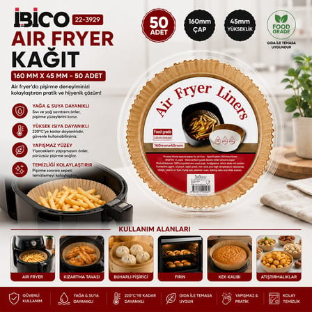 50PCS YUVARLAK TABAN: 16CM - KENAR: 4.5CM AİR FRYER PİŞİRME KALIP KAĞIT (5332)