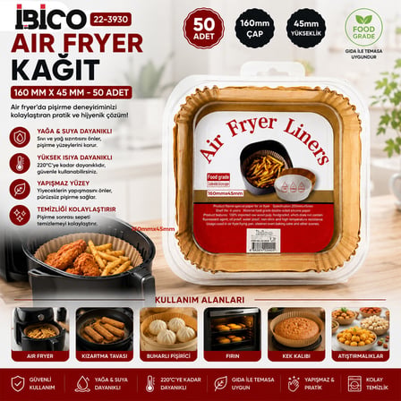 50PCS KARE TABAN: 16CM - KENAR: 4.5CM AİR FRYER PİŞİRME KALIP KAĞIT (5332)
