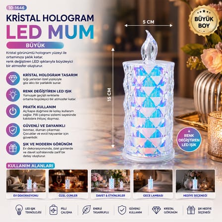 12 ADET LED CANDLE KAMP BÜYÜK BOY= ÇAP:5CM - Y: 16CM PİLLİ LED MUM MİKA KRİSTAL PLASTİK YAKUT-13637 