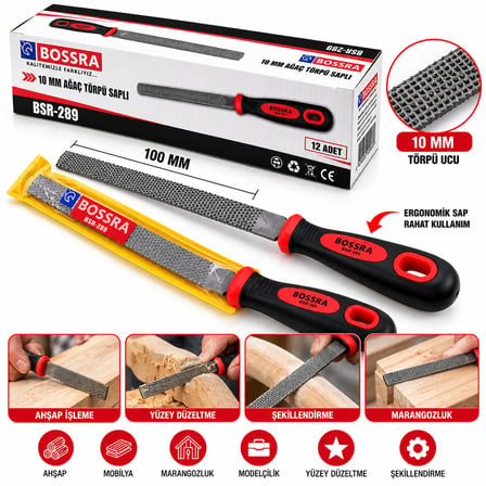 12 ADET 10 INC İNC BALIK SIRTI AĞAÇ - METAL TÖRPÜSÜ METAL EĞE KAUÇUK PLASTİK SAPLI (5332)