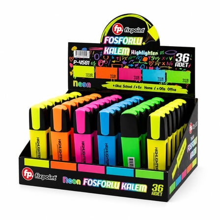 36 ADET NEON FOSFORLU KALEM - STANDLIDIR İÇİNDE 12 - SARI - 6 - TURUNCU - 6 - PEMBE - 6 - MAVİ - 6 -