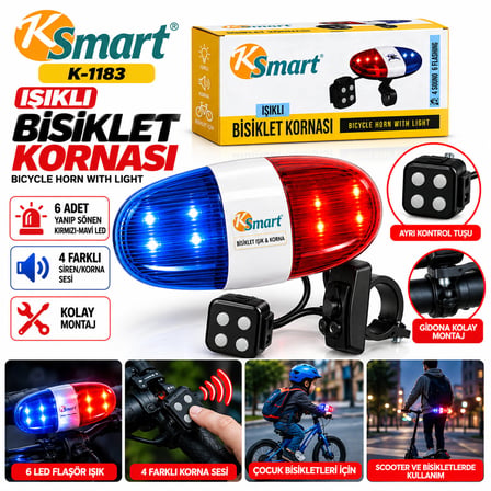 BİSİKLET KORNASI - ZİL IŞIKLI 2XAA PİL POLİS - SİREN 4 FONKSİYON K-1220 (5332)
