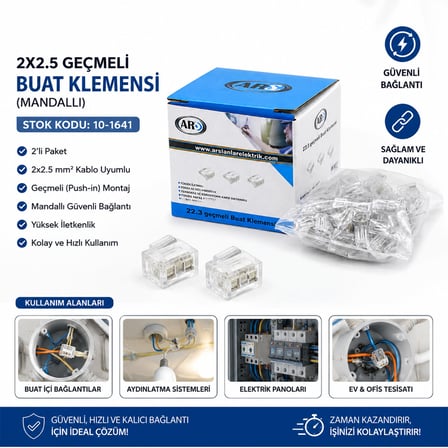 100 ADET 2Lİ 2X2.5 KABLO GEÇMELİ MANDALLI BUAT KLEMENSİ (5332)