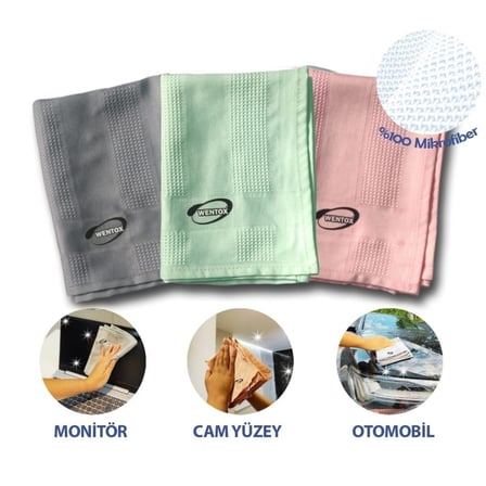 İz Bırakmayan Mikrofiber Temizlik Bezi 3&amp;apos;lü Set Cam ve Ayna Silme Toz Alma Temizlik Bezi (5