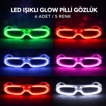 LED Işıklı Glow Pilli Parti Gözlüğü - Glow Efektli 6 Adet 5 Renk (5332)