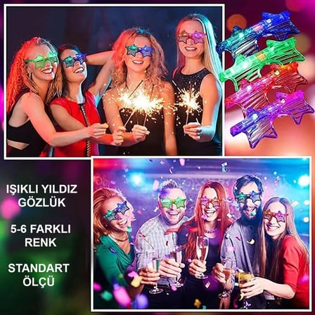 Işıklı Yıldız Gözlük Ledli Parti Gözlüğü 6 Renk 12 Adet (5332)