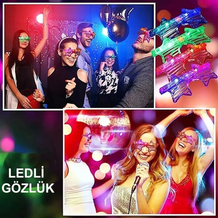 Işıklı Yıldız Gözlük Ledli Parti Gözlüğü 6 Renk 12 Adet (5332)