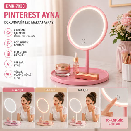 YUVARLAK  3 KADEME DOKUNMATİK LED MAKYAJ AYNASI BEYAZ-SARI-GÜNIŞIĞI (5332)