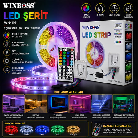 RGB 3ÇİP KUMANDALI ŞERİT LED 5MT (5332)
