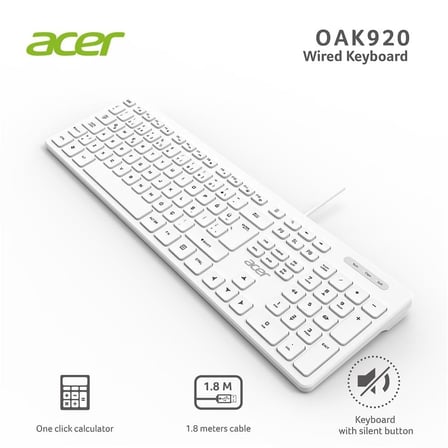 Acer Oak920 Q Usb Beyaz 1.8 Metre Kablolu Klavye - Tek Tuş Hesap Makinalı Sessiz Tuşlu