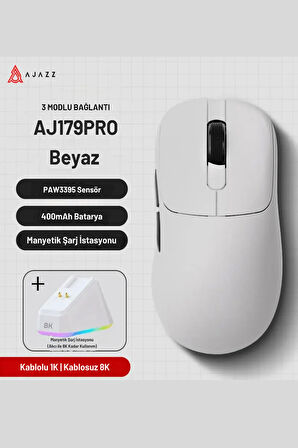 Aj179 Pro Kablosuz (3 modlu) 8K-2600DPI Oyuncu Mouse PAW3395 Sensör RGB Manyetik Şarj İstasyonu