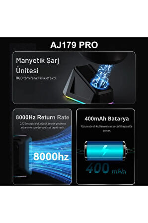 Aj179 Pro Kablosuz (3 modlu) 8K-2600DPI Oyuncu Mouse PAW3395 Sensör RGB Manyetik Şarj İstasyonu