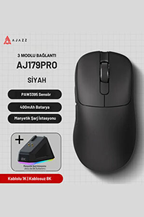 Aj179 Pro Kablosuz (3 modlu) 8K-2600DPI Oyuncu Mouse PAW3395 Sensör RGB Manyetik Şarj İstasyonu