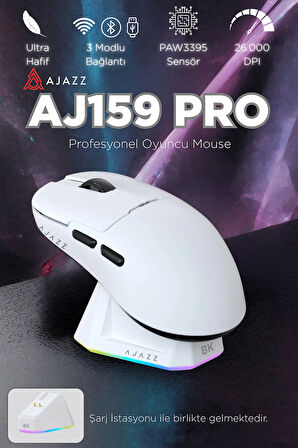Aj159 Pro Kablosuz (3 MODLU) 800 Hz-2600dpı Oyuncu Mouse Paw3395 Sensör Rgb Şarj Istasyonu