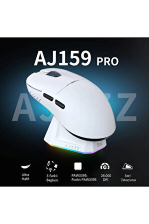 Aj159 Pro Kablosuz (3 MODLU) 800 Hz-2600dpı Oyuncu Mouse Paw3395 Sensör Rgb Şarj Istasyonu