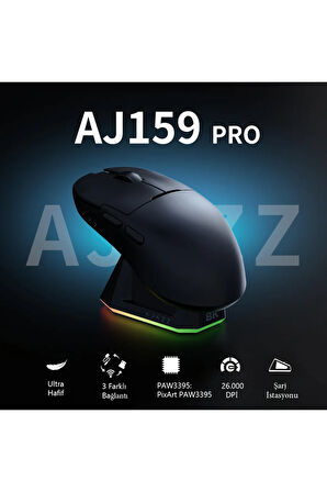 Aj159 Pro Kablosuz (3 MODLU) 800 Hz-2600dpı Oyuncu Mouse Paw3395 Sensör Rgb Şarj Istasyonu