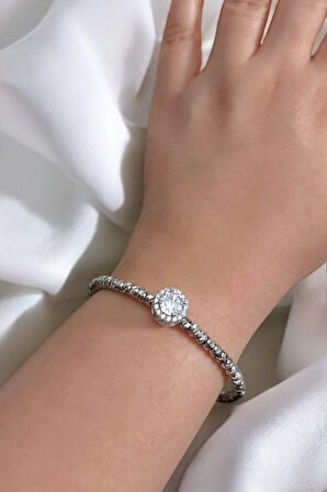 Yuvarlak Zirkon Taşlı Dorika Çelik Kelepçe Bileklik