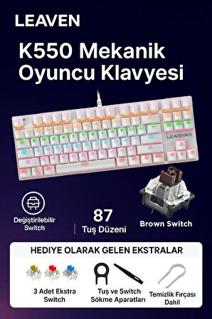 K550 Mekanik Oyuncu Klavyesi -Değiştirilebilir Switch- Rainbow RGB Aydınlatma-87 Tuş - Brown Switch