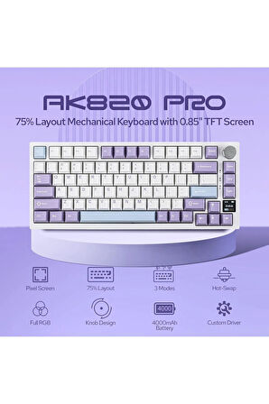 AK820 PRO Mekanik Oyun Klavyesi,3 Modlu TFT Renkli Ekran  ve CNC Düğmeli 81 Tuş,RGB Aydınlatma