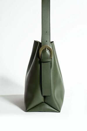 Nastroy Büyük Boy Kemer Detaylı Çıt Çıt Kapamalı Shopper Haki Cilt Trend Kadın Omuz Çantası