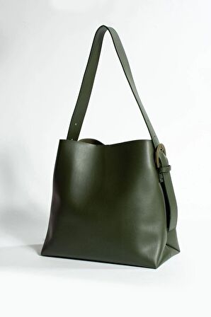 Nastroy Büyük Boy Kemer Detaylı Çıt Çıt Kapamalı Shopper Haki Cilt Trend Kadın Omuz Çantası