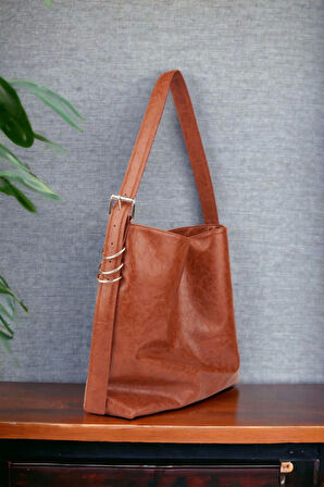 Shine Taba Yan Metal Detaylı Kırışık Desen Shopper Omuz Çantası