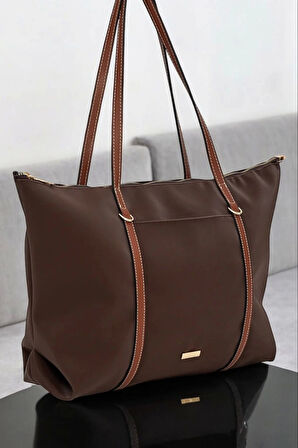 Lacey Kahve-Taba Şeritli Shopper Kadın Omuz Çantası