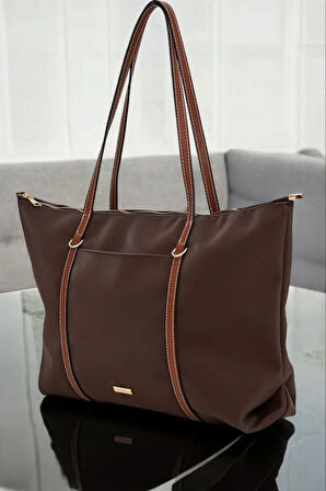 Lacey Kahve-Taba Şeritli Shopper Kadın Omuz Çantası