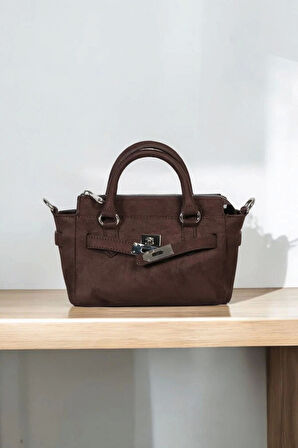 Harmony Acı Kahve Süet Önden Kilit Detaylı Mini Kadın El Kol Ve Omuz Çantası