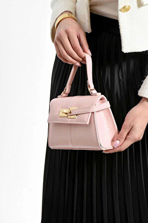 Pisa Pembe Kadın Mini Tasarım Kilit Detaylı Çapraz Çanta