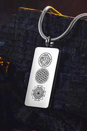 Kadın Erkek Zincir Kolye - Hz Süleyman Mührü, Yaşam Çiçeği, Sri Yantra İşlemesi, Paslanmaz Çelik