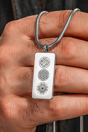 Kadın Erkek Zincir Kolye - Hz Süleyman Mührü, Yaşam Çiçeği, Sri Yantra İşlemesi, Paslanmaz Çelik