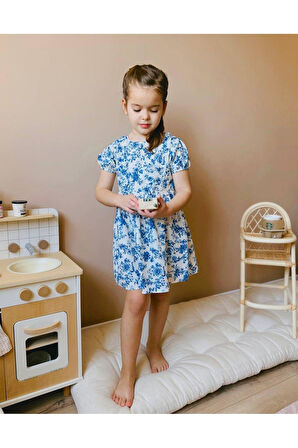 %100 Pamuklu Mavi Çiçek Desenli Kısa Kollu Keten Elbise Bayramlık